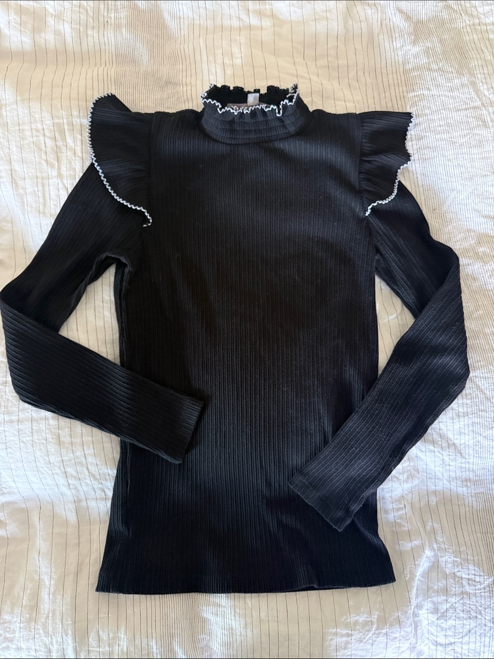 LOFT Black Ribbed Top with White Ruffle Trim